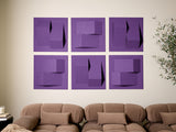 Six purple square tiles with geometric cutouts and shadows arranged in a grid above a tan sofa.