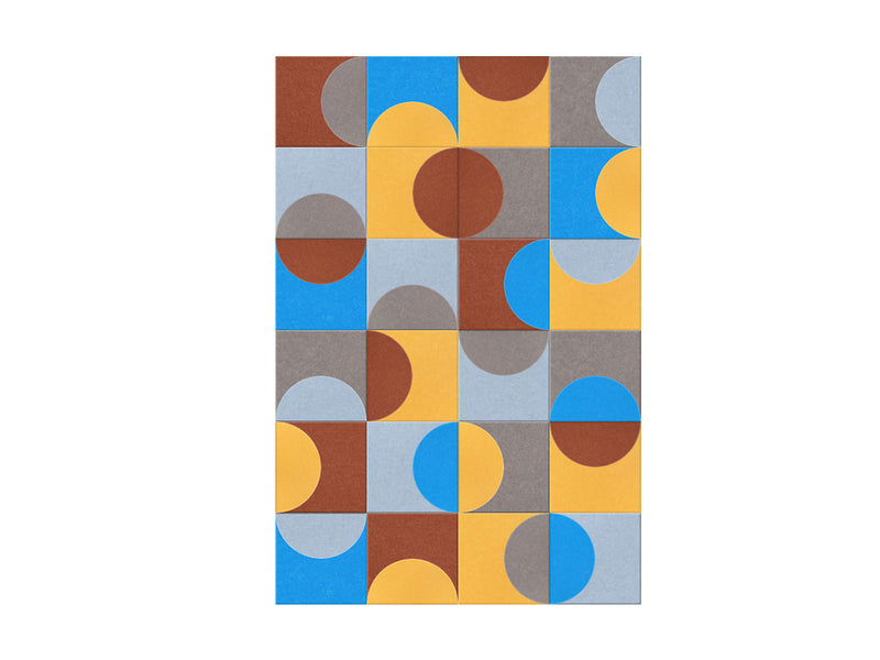 groovy tuesday geometric wall art design with red, yellow, blue and gray shapes.