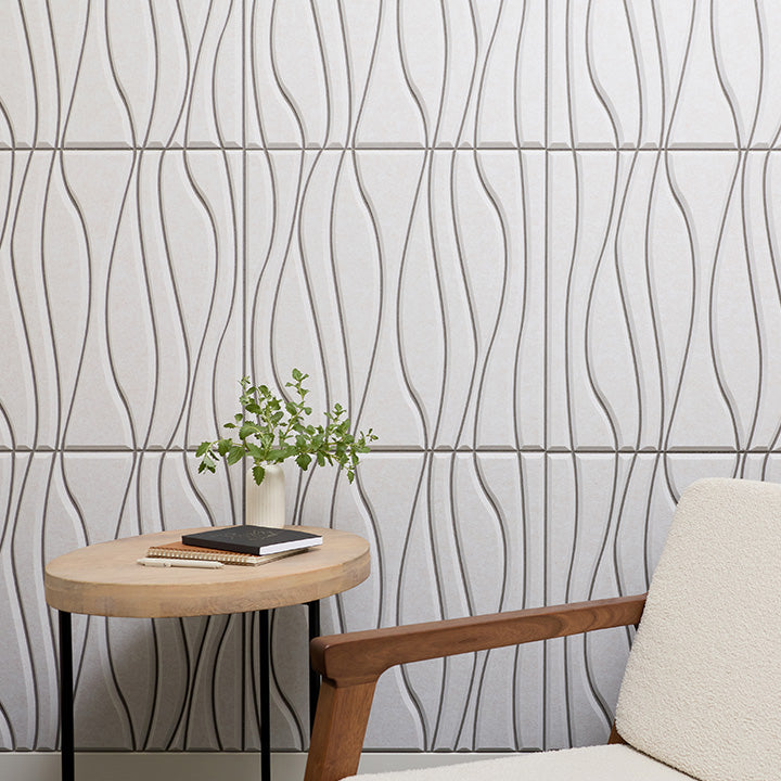 Up close image of an accent wall with organic grooves engraved in it