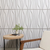 Up close image of an accent wall with organic grooves engraved in it