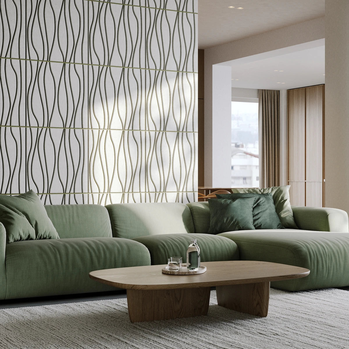 Modern living room with green couch and acoustic accent wall