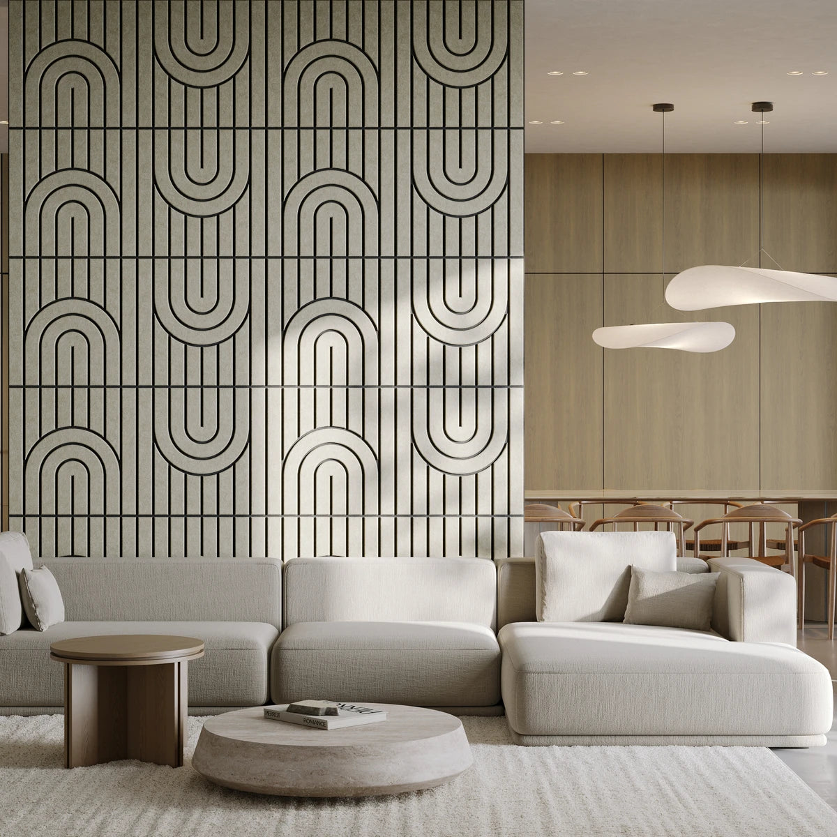 Modern living room with large acoustic accent wall 