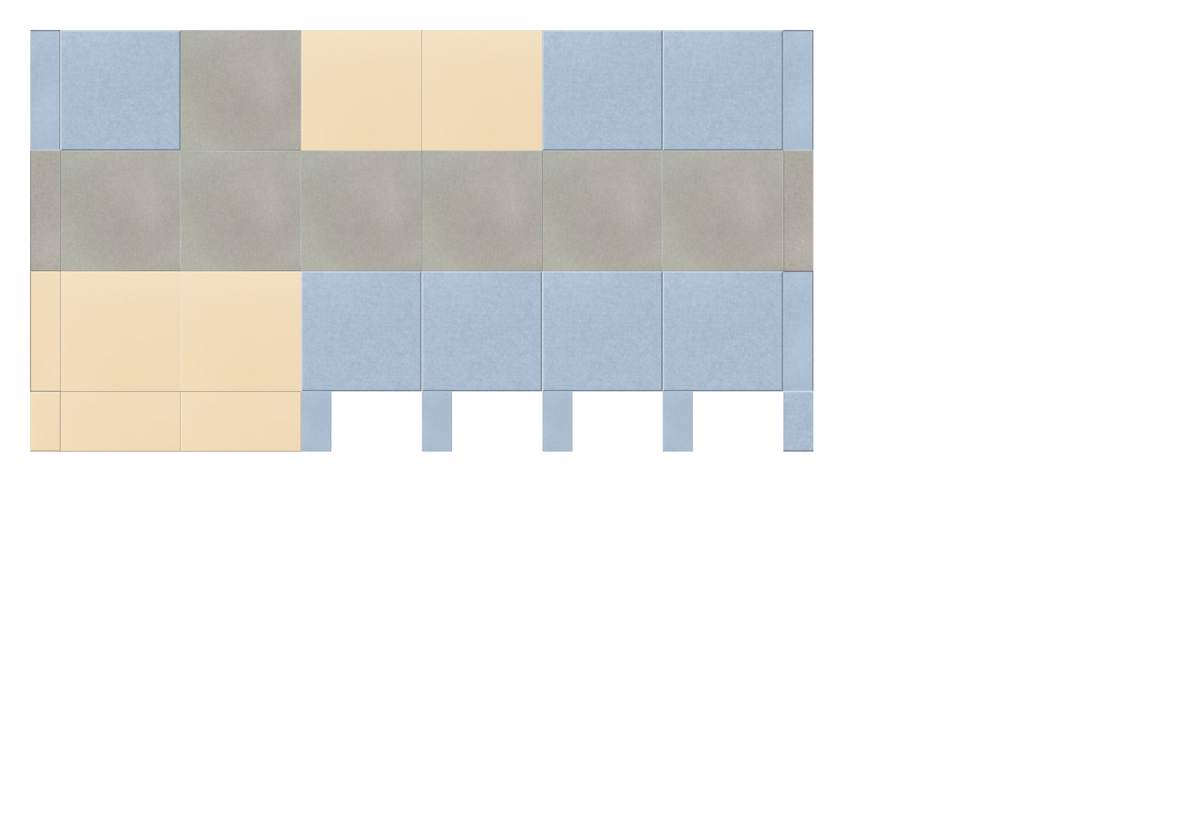 Long wall design layout showing horizontal sections in blue, beige, and gray tones with rectangular panel divisions.