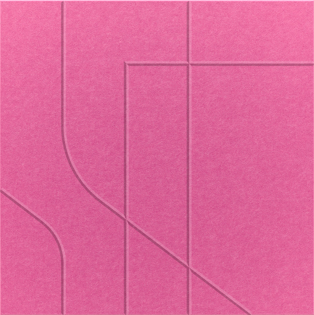 Hot Pink 2' x 2' felt wall panel with straight and curved lines in the subway design.