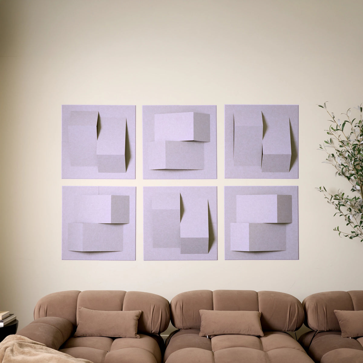 Modern light purple geometric felt tiles providing sound absorption and dimensional wall decor