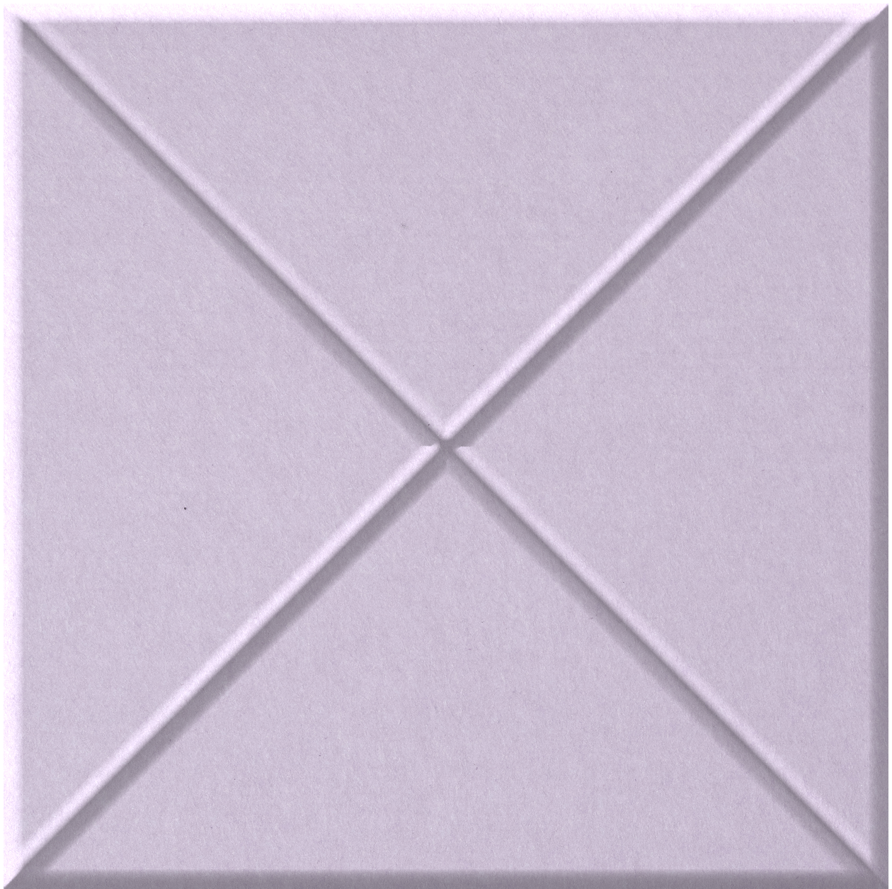 Lavender tile with raised cross pattern dividing surface into four triangular sections.