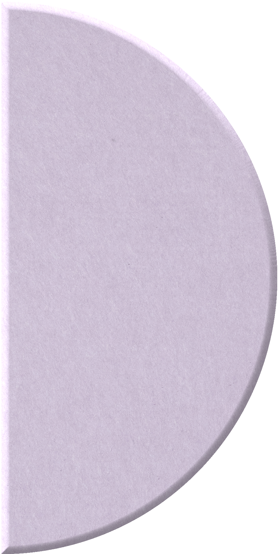 Lavender half-circle tile with curved edge and flat back surface.