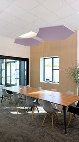 Two purple hexagonal acoustic panels suspended from ceiling in office conference room above wooden table.