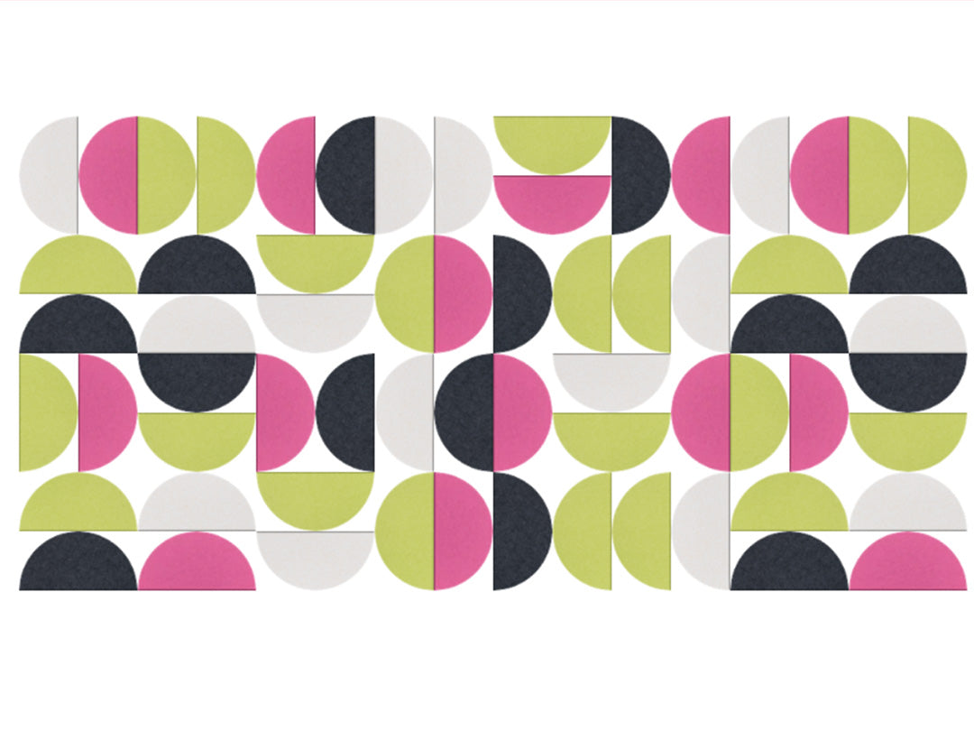 Pattern of geometric shapes in pink, green, black, and white on a white background