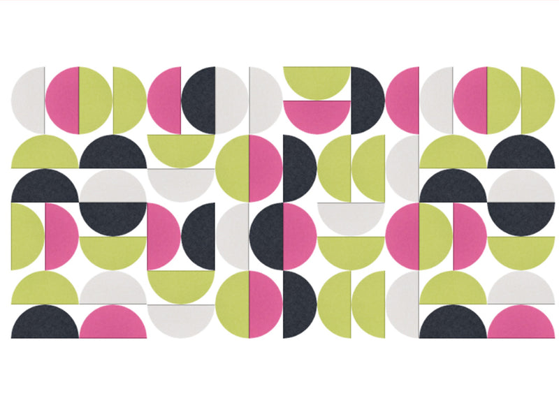 Pattern of geometric shapes in pink, green, black, and white on a white background