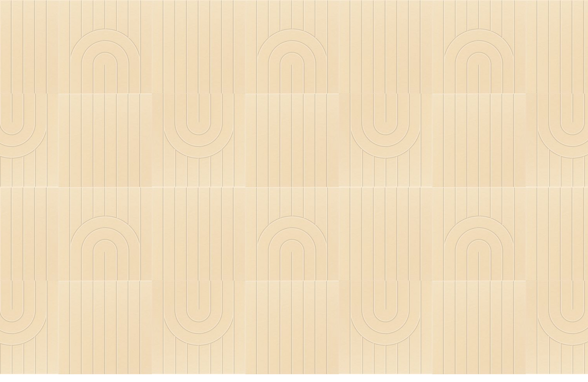 Beige wallpaper with vertical stripe pattern and repeating rounded arch geometric design.