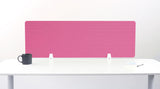 Pink desk divider with geometric arc pattern and white mounting brackets on white desk.