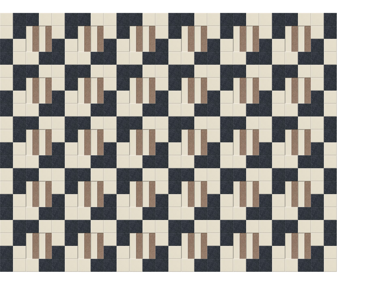Geometric patterned fabric with repeating blocks in charcoal, cream, and tan colors.