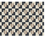 Geometric patterned fabric with repeating blocks in charcoal, cream, and tan colors.