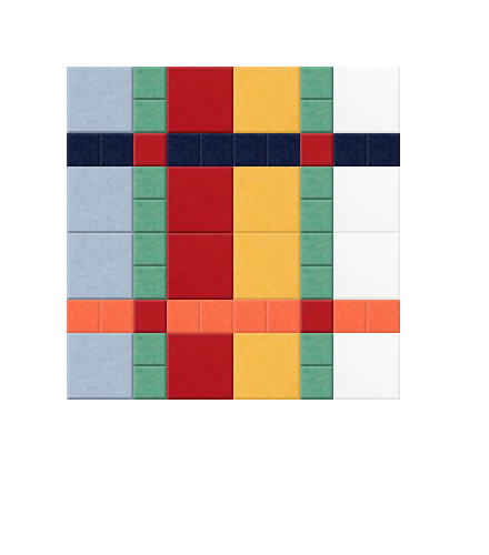 Colorful patchwork grid with blue, green, red, yellow, and orange rectangular blocks arranged in a geometric pattern.