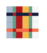 Colorful patchwork grid with blue, green, red, yellow, and orange rectangular blocks arranged in a geometric pattern.