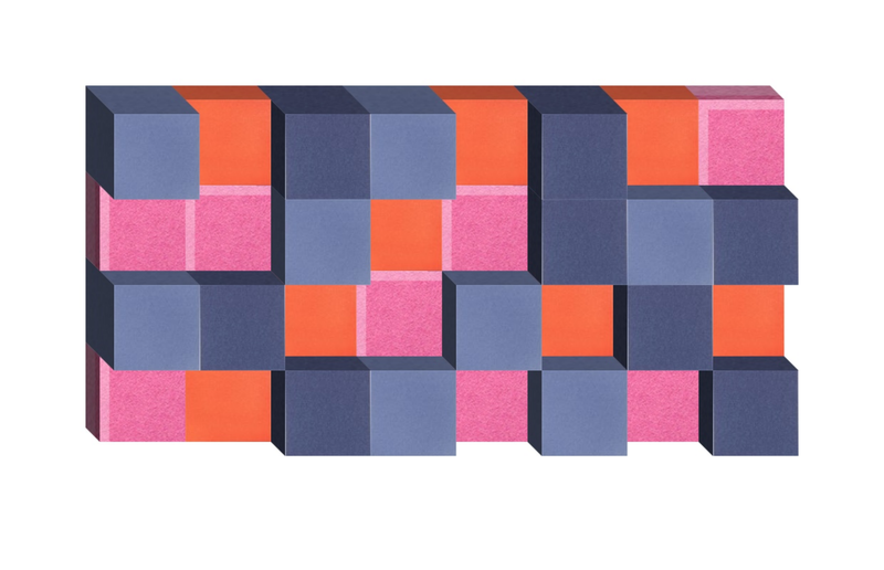 Three-dimensional pixelated blocks in navy, coral, and pink arranged in an abstract geometric pattern.