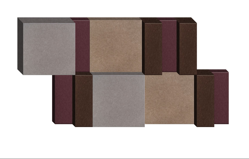 3D arrangement of stacked rectangular blocks in gray, taupe, burgundy, and brown tones.