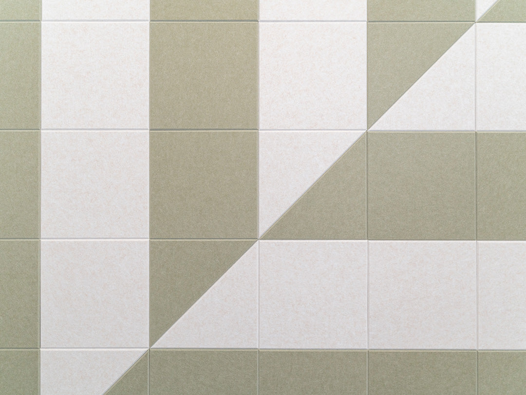 A Felt Right wall art design zoomed in the cream and green tiles.