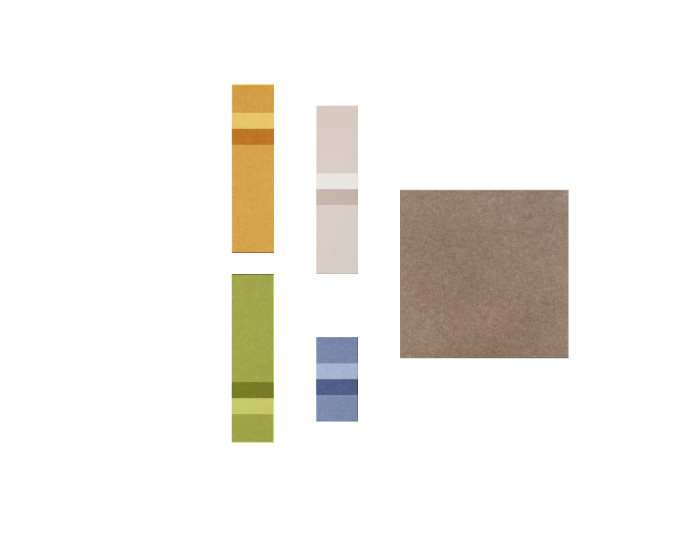Fabric swatches in gold, green, beige, blue, and brown tones arranged in a display layout.