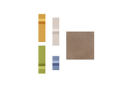 Fabric swatches in gold, green, beige, blue, and brown tones arranged in a display layout.