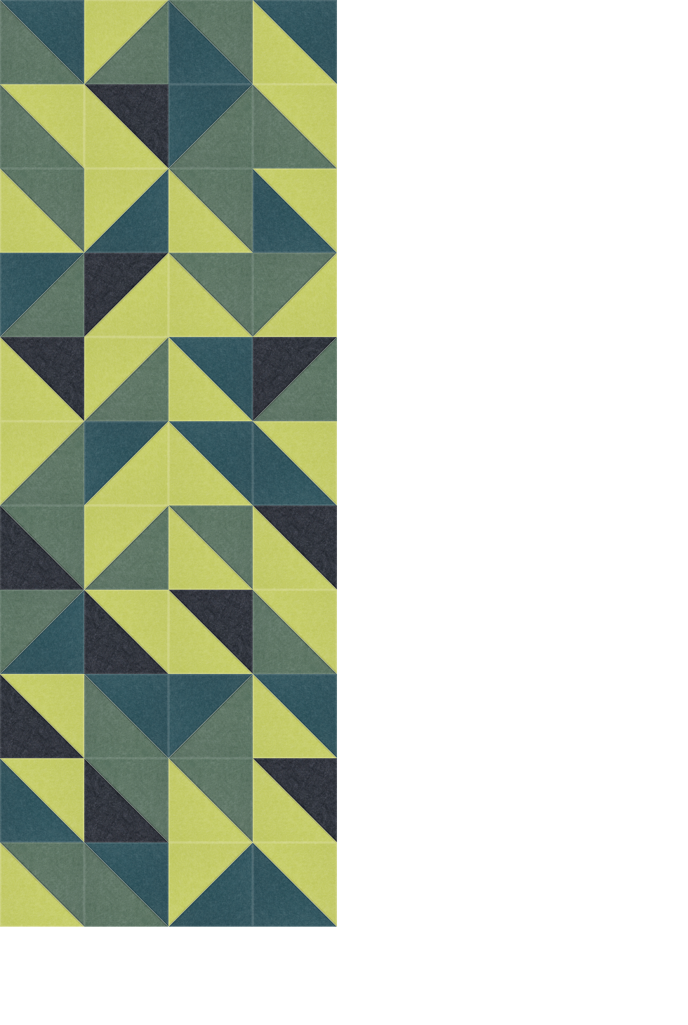Geometric pattern with repeating triangles in lime green, teal, and navy blue arranged in diamond shapes.