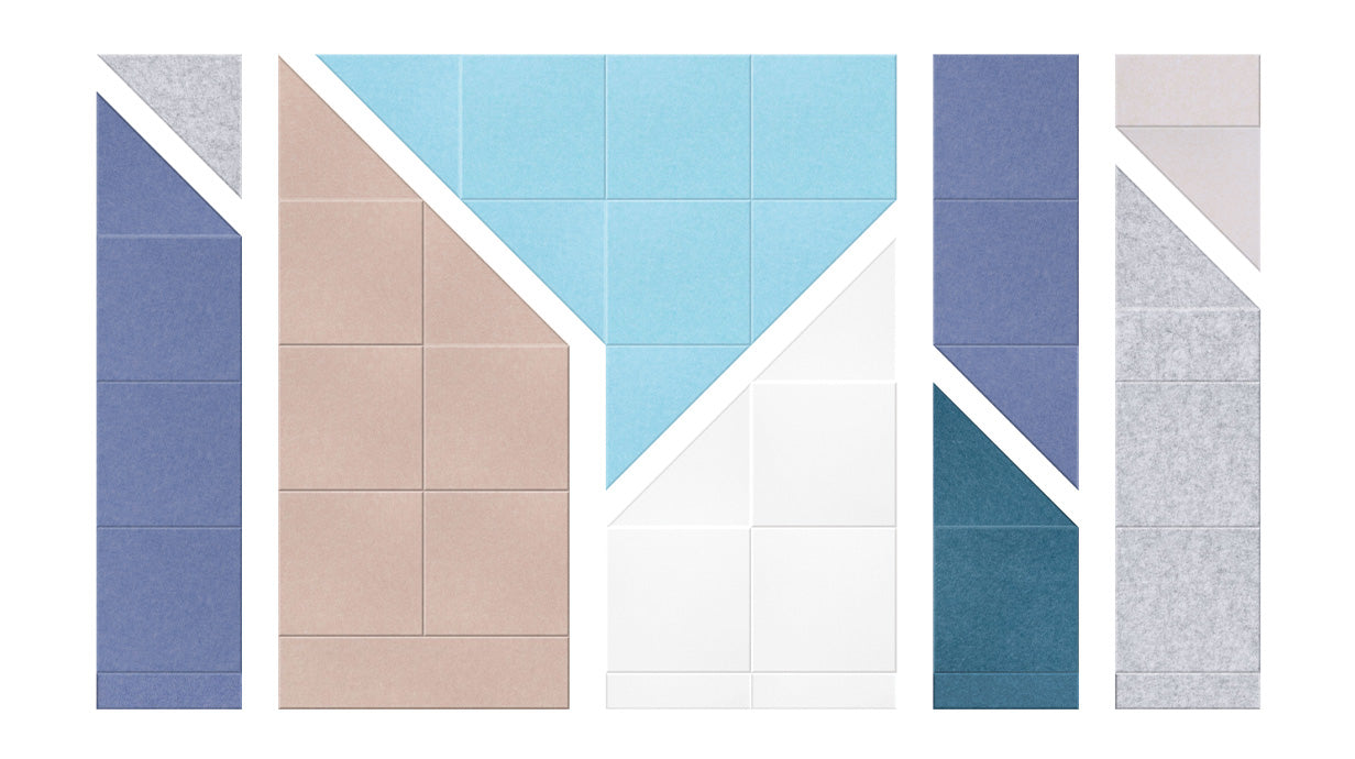 A Felt Right Wall Design tile pattern featuring a geometric design with various shades of blue, beige, and white.