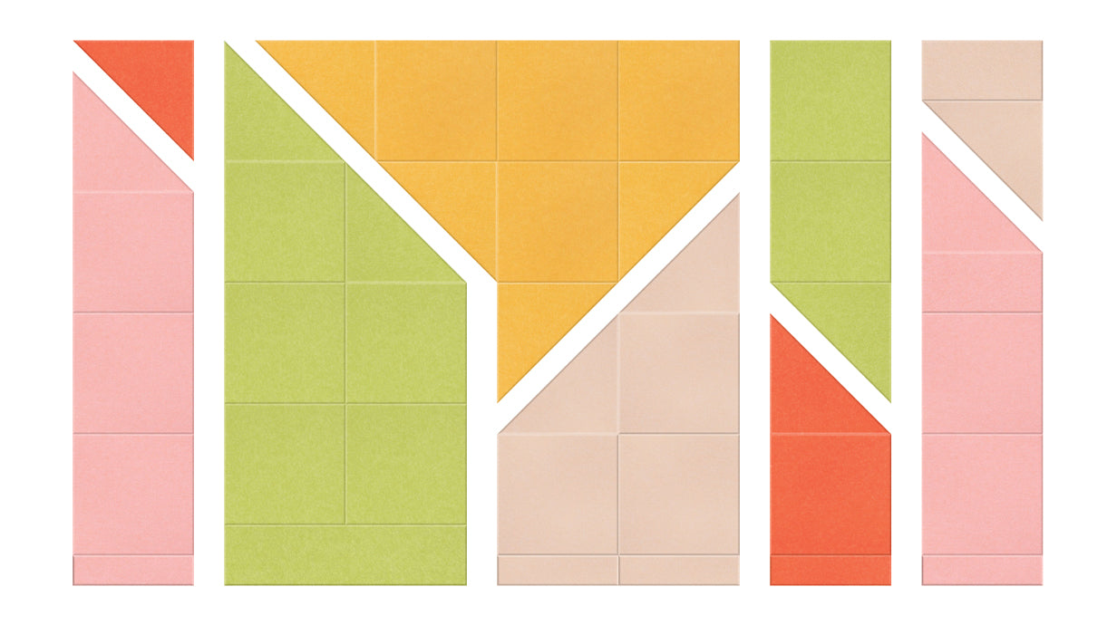 A Felt Right Wall Design in an abstract patterned tile with swirls of various colors including pink, green, yellow, and beige.