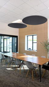 Two black circular acoustic baffles with wood-slat sides suspended from ceiling above conference table.