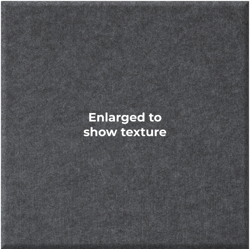 A square dark gray textured material sample with the centered text 'Enlarged to show texture' on a white background.