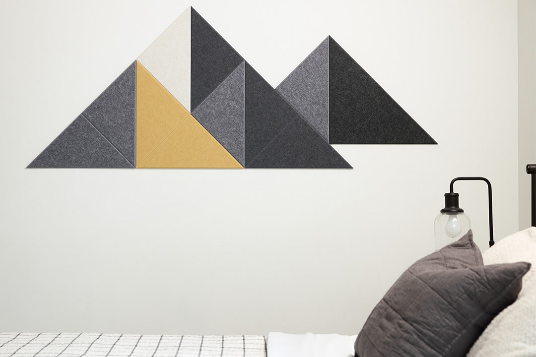 Felt Right Mini Shaded Mountain Design in shades of grey and a hint of yellow Installed Above Bed or in entry way or above a table. 