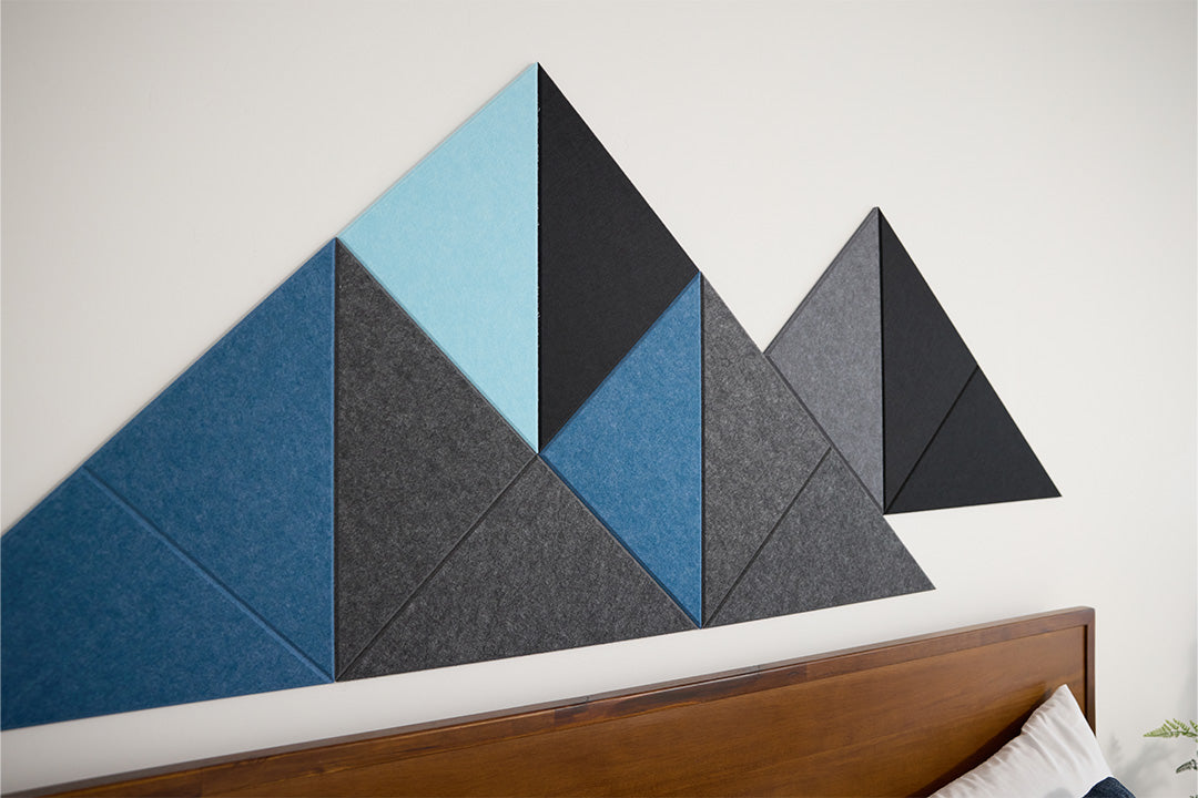 Felt Right Mini Shaded Mountain Design Installed Above Bed in shades of blue and grey displayed in bedroom or living room or entry way