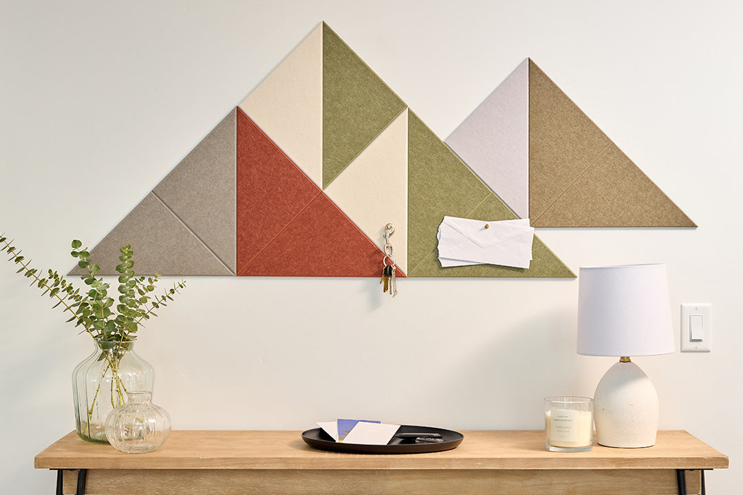 Felt Right Mini Shaded Mountain Design Installed in Entryway Above a Table.