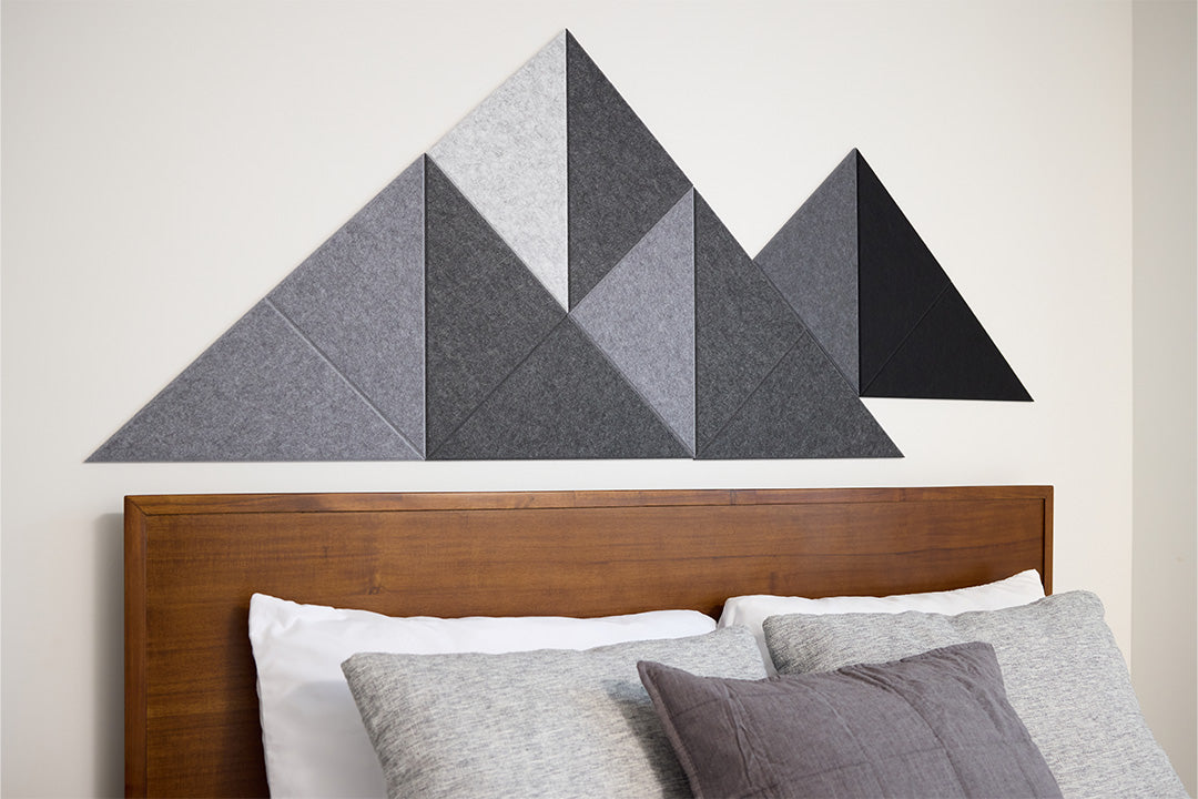 Felt Right Mini Shaded Mountain Design in shades of grey Installed Above Bed or displayed in living room or bedroom
