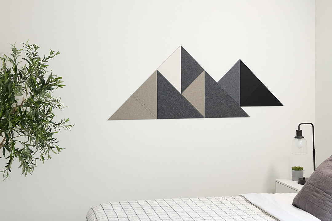 Felt Right Mini Shaded Mountain Design shades of grey and cream Installed Above Bed. or displayed in an entry way, bedroom, or living room