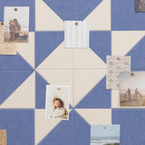 Blue and beige checkered board with pinned photos and notes