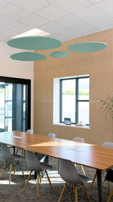 Four sage green oval baffles suspended from ceiling above conference table in modern office space.