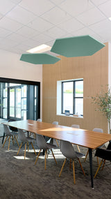 Two green hexagon-shaped acoustic baffles suspended from ceiling above conference table in modern office space.