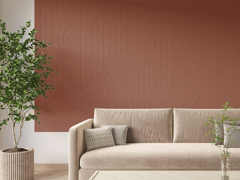 Felt Right Tangent Max design on a Wall covered in Felt engraved tiles in the color Moab displayed in a living room behind the couch