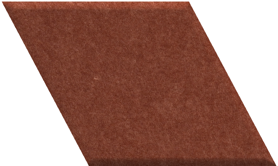 Rust-red diamond-shaped tile with textured surface, angled view showing depth and beveled edge.