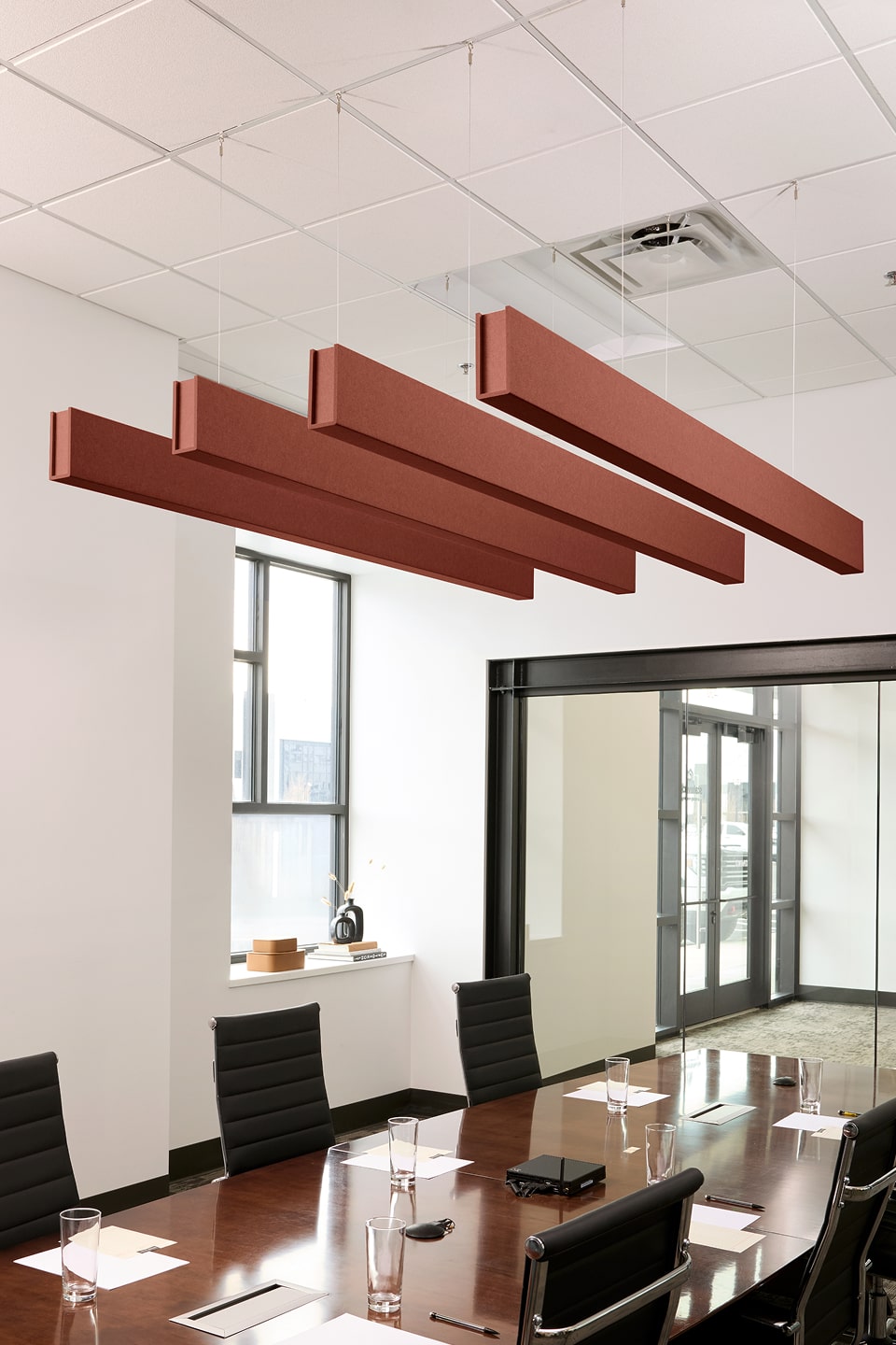 PET felt suspended acoustic beam in Moab by Felt Right absorbs unwanted noise and looks great in any setting. Available in four or eight foot lengths. Clips into ACT grid or drills into drywall ceiling.