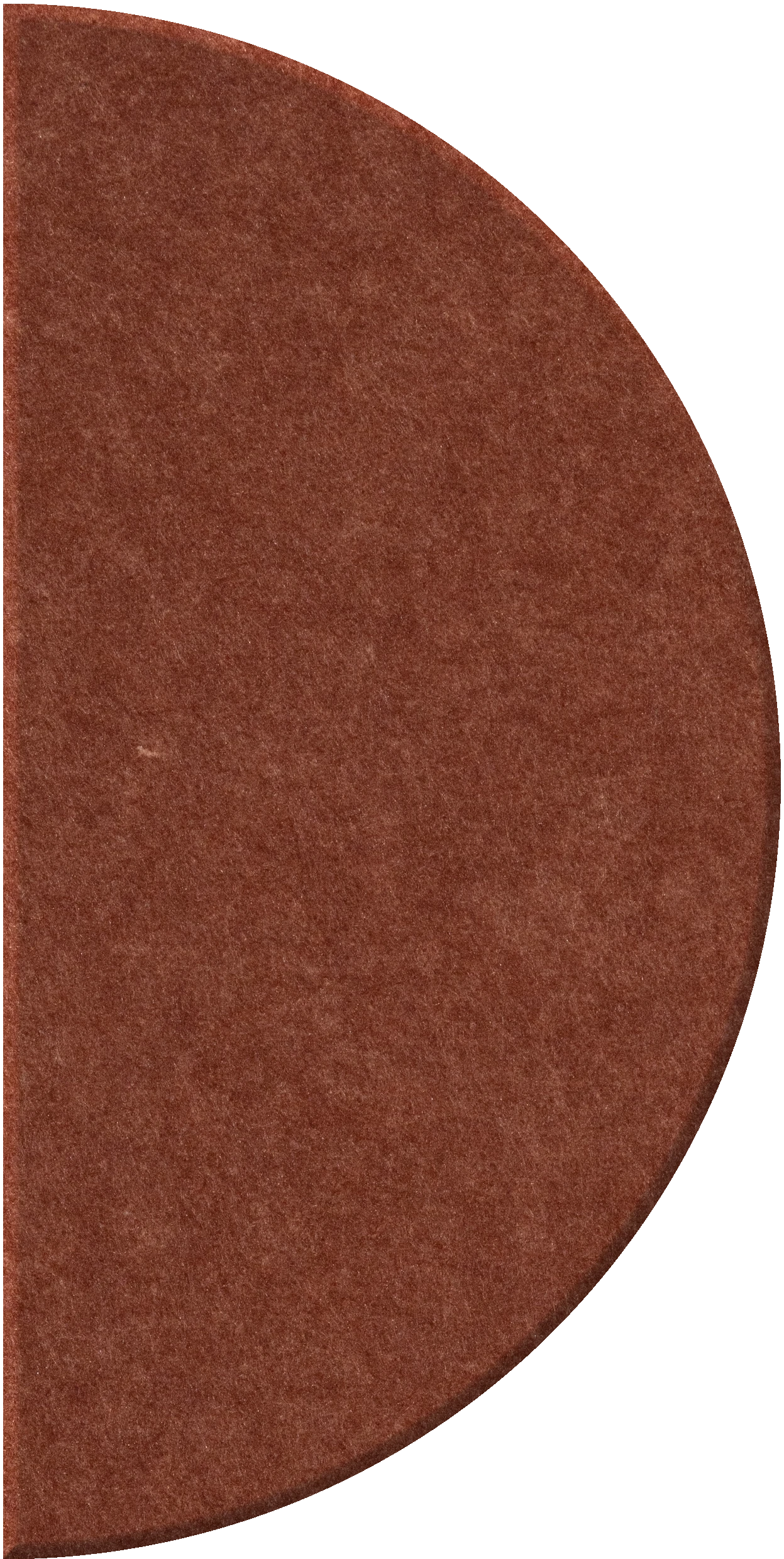 Terracotta half-circle tile with textured surface and curved edge.