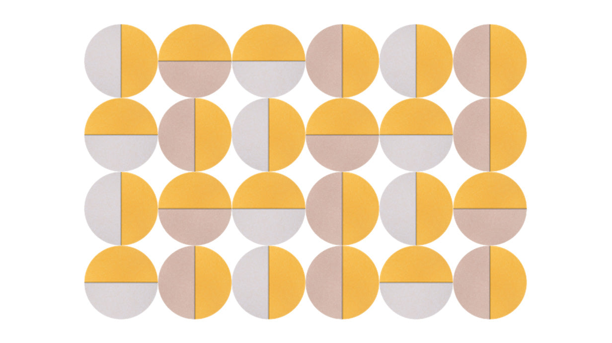 A Felt Right modern design geometric shapes in  yellow, and white colors displayed in a bedroom or an entry way