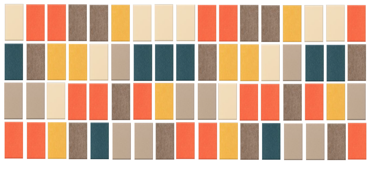 Mosaic pattern with rectangular tiles in cream, coral, brown, gold, and teal colors arranged in rows.