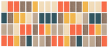 Mosaic pattern with rectangular tiles in cream, coral, brown, gold, and teal colors arranged in rows.