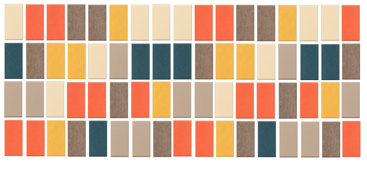 Mosaic pattern with rectangular tiles in cream, coral, brown, gold, and teal colors arranged in rows.