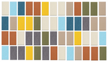 Grid of 52 colored fabric swatches in autumn tones including cream, blue, rust, yellow, gray, and olive green.