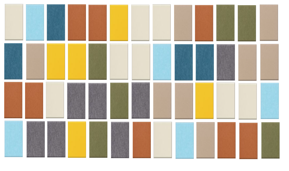Grid of 52 colored fabric swatches in autumn tones including cream, blue, rust, yellow, gray, and olive green.