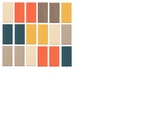 Color palette swatch grid with autumn tones including cream, coral, brown, teal, and gold rectangles.