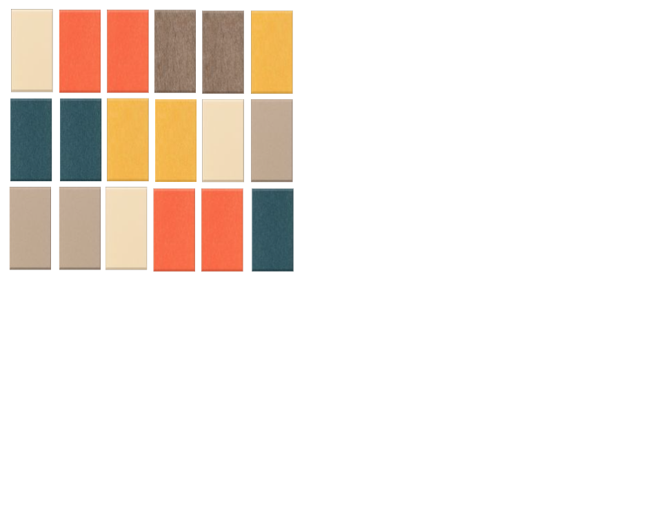 Color palette swatch grid with autumn tones including cream, coral, brown, teal, and gold rectangles.